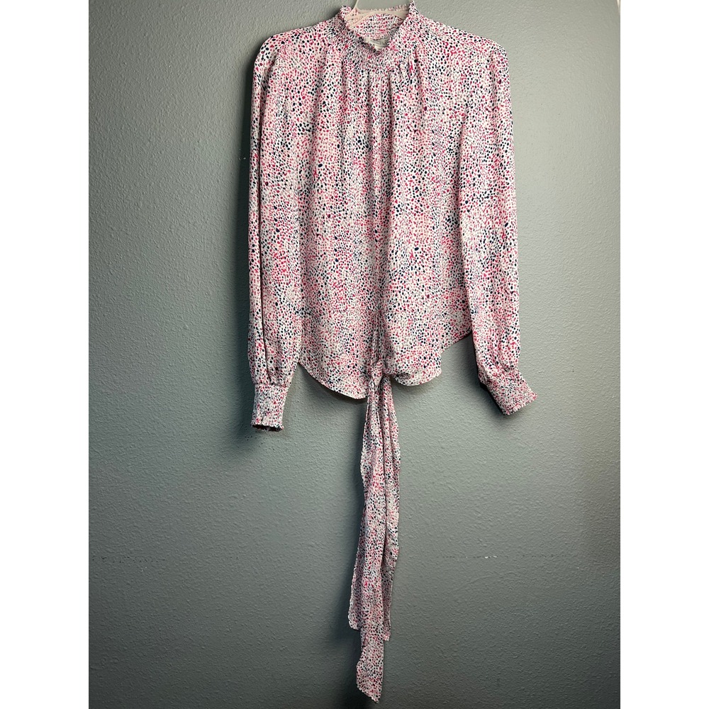 Rachel Zoe Pink Navy Abstract Dot Smocked Mock Neck Tie Front Blouse Small Fairy